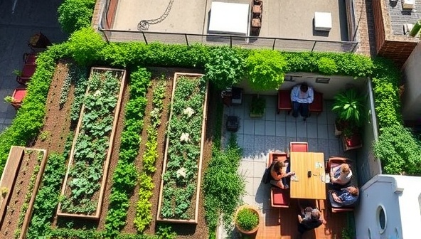 An overhead view of a vibrant rooftop garden with rows of fresh vegetables and herbs, overlooking a cozy rooftop dining area with customers enjoying farm-to-table dishes under the open sky.