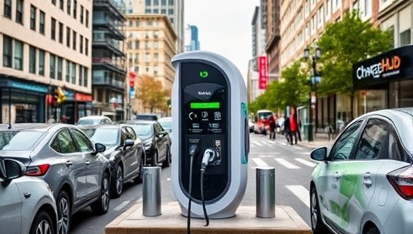 An urban setting with a sleek, modern EV charging station surrounded by bustling city life, showcasing the convenience and eco-friendly nature of ChargeHub.