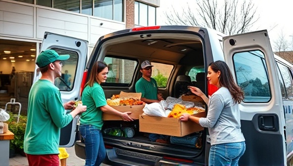 A heartwarming image of a food rescue operation in action, showing volunteers collecting surplus food from a restaurant kitchen and loading it into a vehicle for delivery to a local charity, symbolizing compassion, cooperation, and impact in fighting food waste and hunger.