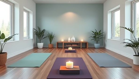 A tranquil virtual room setup with calming colors, yoga mats, candles, and plants, conveying a sense of serenity and relaxation for a virtual wellness retreat.