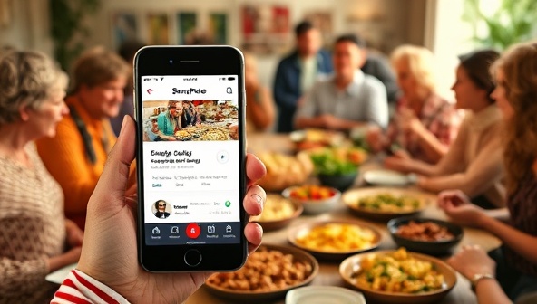 A vibrant and diverse community potluck gathering with neighbors exchanging homemade dishes, a smartphone displaying the SharePlate app connecting users, a colorful array of culinary delights on the table, and people engaging in lively conversations, symbolizing community food sharing and connection.