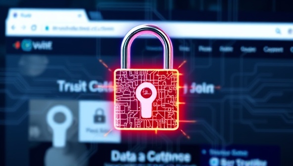 An intricate digital lock symbolizing blockchain security overlaying a website homepage, with transparent layers showcasing the verification process and secure data transmission, symbolizing trust and authenticity in online content.