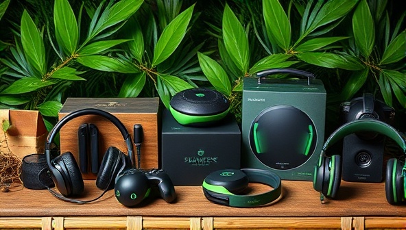 An assortment of eco-friendly gaming accessories displayed against a backdrop of lush greenery and natural elements, showcasing the sustainable materials, sleek design, and high-performance features of the eco-conscious gaming gear collection, appealing to environmentally conscious gamers and tech enthusiasts.