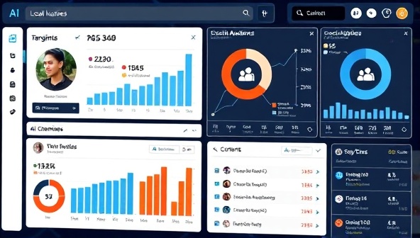 An advanced AI interface displaying real-time social media data for a local business, with targeted audience demographics, engagement metrics, and AI-generated content suggestions, reflecting efficiency and precision in marketing strategies.