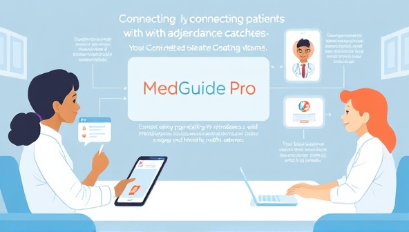 An engaging digital illustration showcasing the MedGuide Pro platform connecting patients with adherence coaches, featuring supportive interactions, medication reminders, and health tracking tools, portraying a virtual coaching experience focused on enhancing medication adherence and health outcomes.