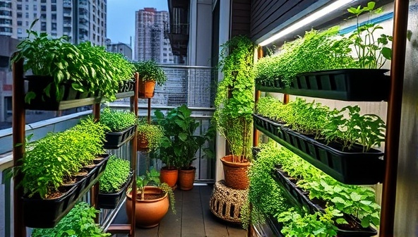 An urban apartment balcony transformed into a lush green oasis with multiple tiers of vertical growing racks filled with thriving herbs and vegetables, bathed in the warm glow of LED grow lights, inspiring a sense of sustainable urban living.