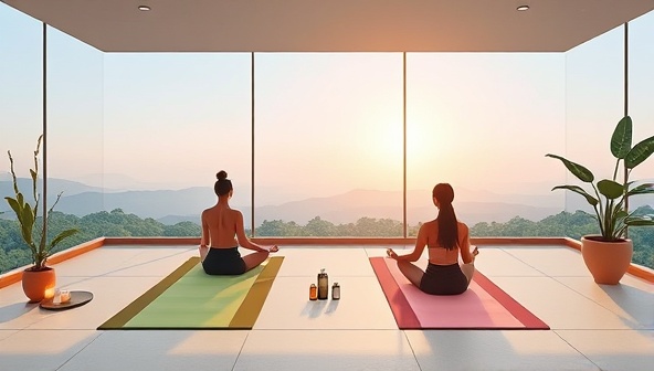 A serene digital illustration of a virtual wellness retreat setting, featuring a tranquil virtual environment with calming nature sounds, yoga mats, essential oils, and a virtual group engaging in meditation and relaxation exercises, promoting a sense of inner peace and rejuvenation.