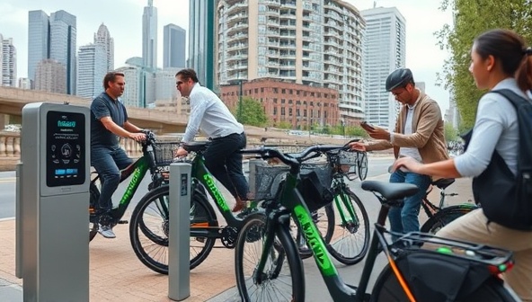 An urban scene showcasing a smart electric bike docking station with riders unlocking bikes using a mobile app, set against a backdrop of city skyscrapers and bike-friendly infrastructure, illustrating the convenience and sustainability of EcoCruise Bikes' network.
