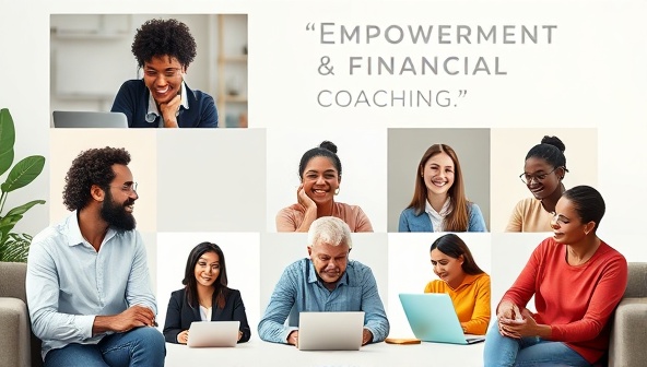 A modern and inclusive image of diverse individuals engaging in financial coaching sessions on a virtual platform, with financial planning tools and motivational quotes in the background, reflecting empowerment and financial transformation through coaching.