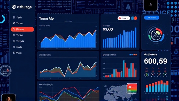 An artistic visualization of a digital dashboard displaying social media metrics, trend graphs, and audience demographics, with AI algorithms processing data in the background, representing the innovative and data-driven approach of the social media analytics tool.