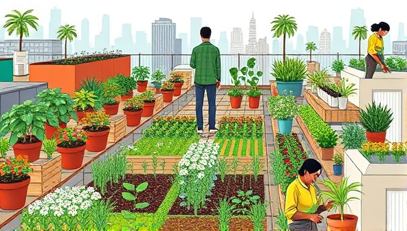 An artistic illustration of a bustling urban rooftop garden filled with diverse plants, with residents tending to their crops and exchanging gardening tips, creating a vibrant and sustainable urban oasis.
