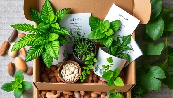 An aesthetically pleasing plant subscription box filled with lush green plants, decorative pots, and care cards, surrounded by natural elements like pebbles and foliage, creating a serene and botanical-inspired visual display that captures the essence of the subscription service.