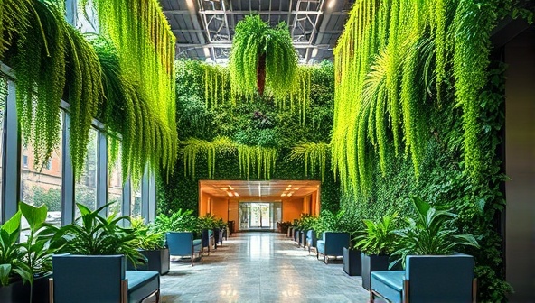 An urban office lobby transformed into a lush green oasis with floor-to-ceiling vertical gardens filled with vibrant plants and cascading ferns, creating a refreshing and peaceful atmosphere amidst the bustling cityscape, highlighting the beauty and sustainability of SkyFlora Urban Gardens' installations.