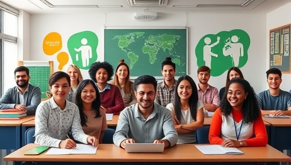 An engaging virtual classroom setting with diverse avatars representing different cultures, interacting with each other while learning languages together, creating a vibrant and inclusive learning environment.