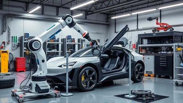 An innovative workshop setting with a robotic arm conducting maintenance on an autonomous vehicle, surrounded by high-tech tools and equipment, illustrating cutting-edge automotive technology.