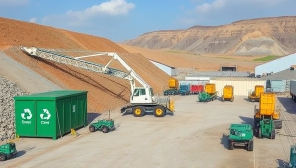 An image of a mining site with innovative waste management practices in action, such as recycling stations, energy-efficient machinery, and green waste disposal methods, highlighting environmental consciousness and efficiency.