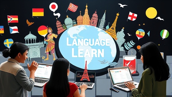 An interactive language exchange scene with users from different cultural backgrounds engaging in virtual conversations, exploring language lessons and cultural activities together, surrounded by virtual landmarks and symbols representing various languages and cultures, symbolizing global language learning and cultural immersion.