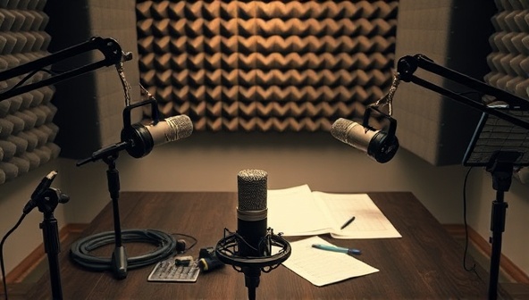 An engaging visual of a podcast studio setup with microphones, soundproofing panels, and script notes, capturing the essence of professional podcast production and creative storytelling, inspiring aspiring podcasters to hone their craft through the workshops.