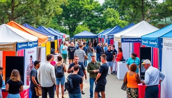 A bustling outdoor event space with colorful booths, job seekers networking with potential employers, and a stage for guest speakers and presentations, showcasing a vibrant and dynamic job fair atmosphere.