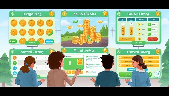 An animated scene showcasing users immersed in various financial literacy game levels on the MoneyMinds Quest platform, with virtual coins, budgeting puzzles, and investment decision-making scenarios, illustrating the engaging and educational nature of the gamified financial literacy experience.