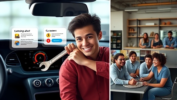 A digital interface showing a car dashboard with maintenance alerts popping up, a user holding a wrench with a confident smile, and a diverse group of car owners learning together in a virtual workshop setting.