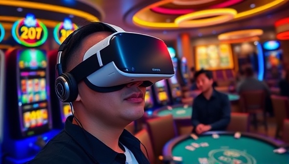 An individual wearing a VR headset, fully immersed in a virtual casino setting with colorful slot machines, a bustling poker table, and other players interacting in the background, capturing the excitement and realism of the experience.