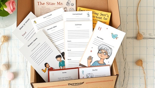 An image of a beautifully designed storytelling box filled with writing prompts, colorful stationery, artistic illustrations, and a mini guidebook, creating an inviting and immersive experience that sparks creativity and storytelling inspiration.