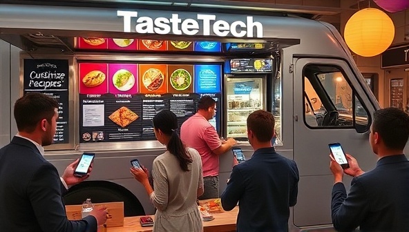 An interactive image of the TasteTech Truck showcasing customers using mobile apps to order meals, customize recipes, and provide feedback, with colorful digital menus, futuristic food displays, and smiling faces immersed in the tech-enhanced dining experience, capturing the fusion of culinary creativity and digital innovation.
