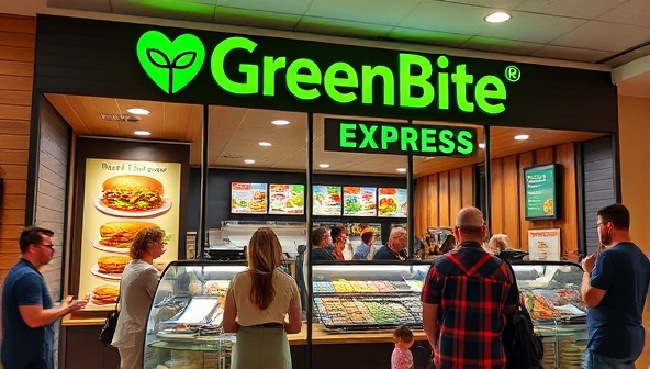 A bustling GreenBite Express fast-food outlet with a vibrant green logo, sleek modern interior, and a display showcasing a variety of plant-based burgers, wraps, and smoothies, surrounded by customers enjoying flavorful and sustainable vegan meals, capturing the essence of convenient plant-based fast-food dining.