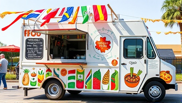 An energetic image of a food truck adorned with colorful flags and serving window open, with diverse cultural symbols and food images painted on the exterior, inviting customers to explore a world of flavors.