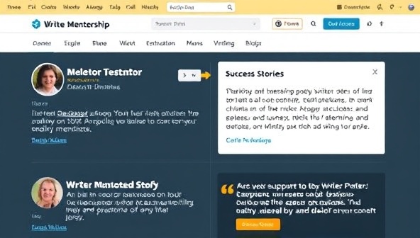 An online mentorship platform interface displaying mentor profiles, mentee testimonials, and success stories of writer mentorship journeys, illustrating the supportive and transformative nature of the mentorship experience on the platform.