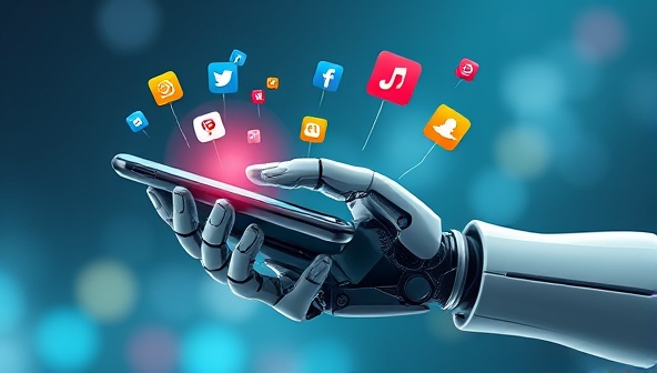 An artistic depiction of a futuristic robot hand holding a smartphone, with colorful social media icons floating around, symbolizing the blend of technology and creativity in content creation.