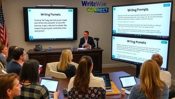 A virtual writing workshop setting with a diverse group of participants engaging in a creative discussion, led by a prominent author, with digital screens displaying writing prompts and feedback, showcasing the collaborative and educational atmosphere of WriteWise Connect.
