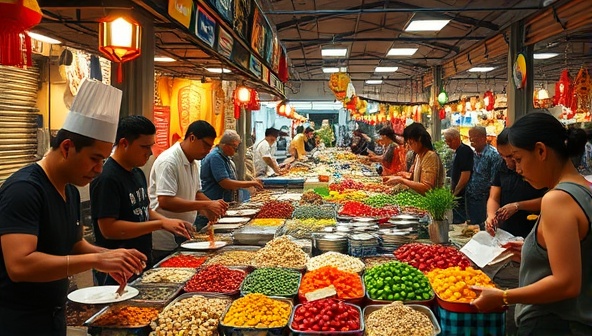 A vibrant food market scene with local chefs and travelers sampling exotic dishes, colorful spices, and fresh ingredients, set against a backdrop of bustling stalls and cultural decorations, capturing the essence of culinary exploration and community connection.
