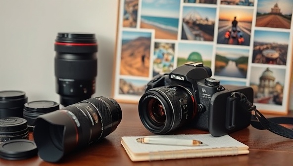 An inspiring photography setup with a camera, lenses, a notebook for jotting down ideas, and a mood board filled with travel images, evoking a sense of creativity, exploration, and visual storytelling for aspiring photographers.