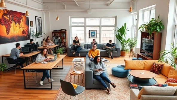 An inviting co-living space with modern workstations, cozy lounge areas, and a diverse group of remote professionals collaborating and networking, showcasing the vibrant and connected community at NomadNest Network.