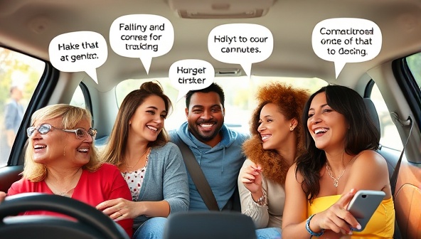An engaging visual of a diverse group of commuters sharing a ride, laughing and conversing, with speech bubbles showing their interests and hobbies, illustrating the community and social connections fostered through CommuniCar's unique carpooling platform.