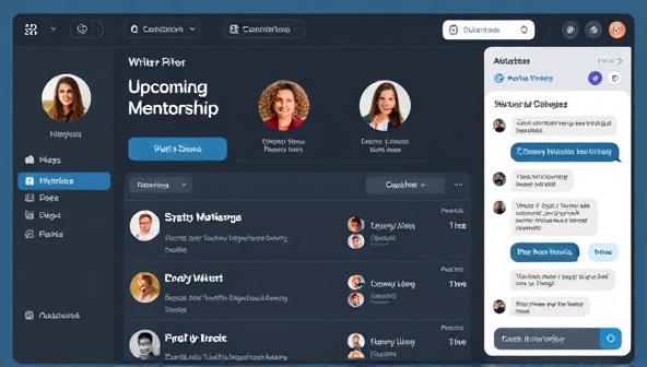 A digital platform interface displaying a virtual mentorship dashboard with profile pictures of writers and mentors, upcoming workshop schedules, and a chat box for real-time communication, fostering a sense of connection and guidance in the online writing community.