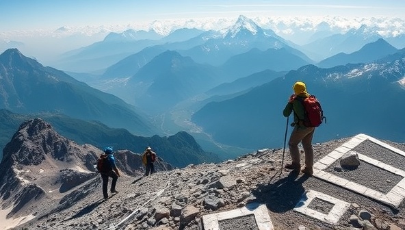 An exhilarating mountain trekking scene with climbers navigating rugged terrain, breathtaking vistas, and a sense of accomplishment, encapsulating the spirit of adventure and exploration offered by the bespoke adventure travel experiences curated by the service.