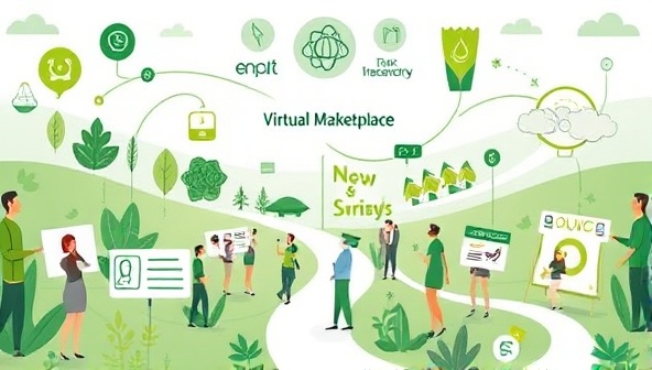 An artistic depiction of a virtual marketplace where eco-friendly brands and influencers are interconnected through green pathways and sustainable symbols, symbolizing the collaborative and eco-conscious nature of the platform.
