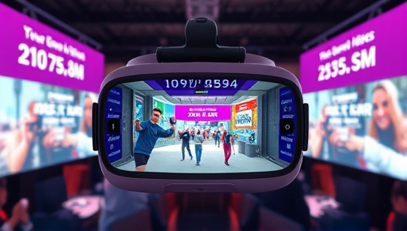 An immersive virtual reality headset displaying a virtual brand activation event with interactive elements, surrounded by digital screens showing positive audience engagement metrics, symbolizing the innovative and engaging nature of BrandVibe Virtual's virtual brand experiences.