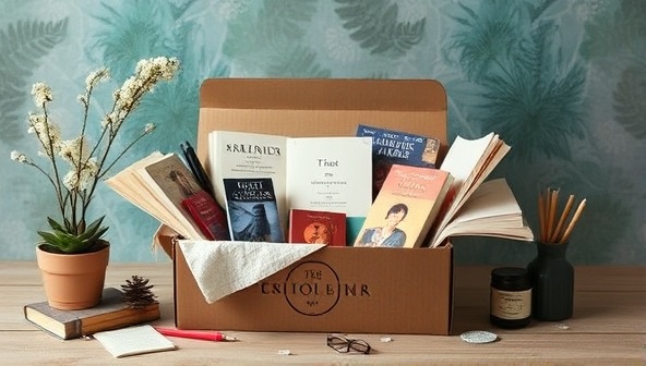An aesthetically pleasing image of a beautifully curated literary subscription box filled with books, writing tools, and themed items, arranged artistically to evoke a sense of anticipation and delight, capturing the essence of a bookish paradise.