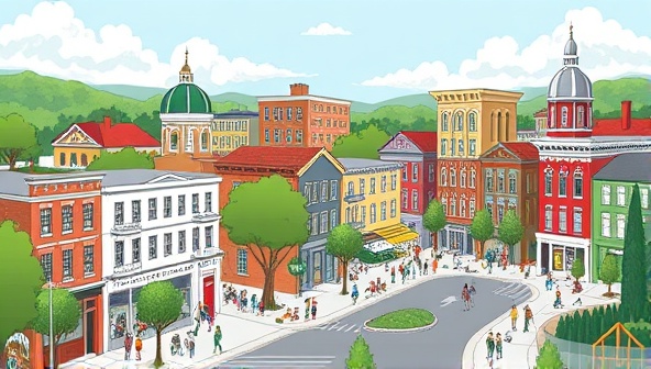 An artistic rendering of a vibrant, renovated neighborhood featuring restored buildings, green spaces, and bustling community activities, symbolizing the positive impact of ReviveCommunities' crowdfunding platform on local revitalization efforts.