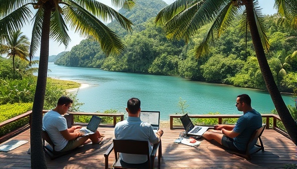 A captivating image of a remote workation retreat set against a backdrop of lush greenery and tranquil waters, featuring a group of professionals working on laptops under the shade of palm trees, blending work and leisure seamlessly in a picturesque setting.