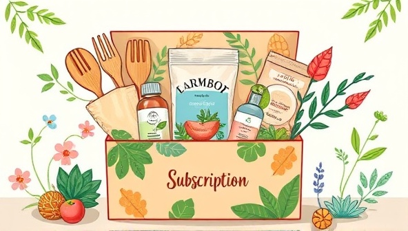 An artistic illustration of a vibrant and nature-inspired subscription box filled with an assortment of sustainable products like bamboo utensils, reusable cloth bags, and organic skincare items, conveying a commitment to environmental sustainability.