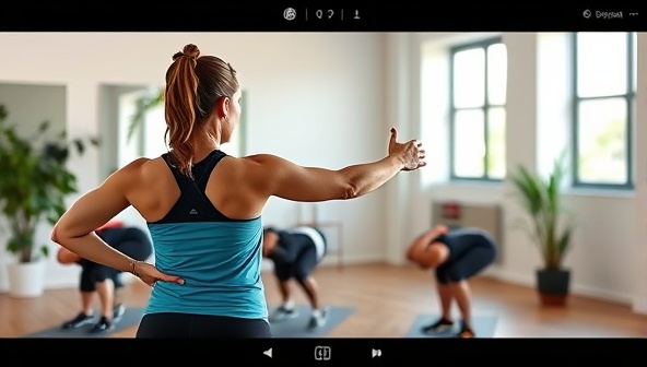 A virtual fitness coach leading an energetic workout session via a video call, with participants following along from different locations, showcasing the interactive and engaging nature of FitFusion Virtual's virtual fitness coaching platform.