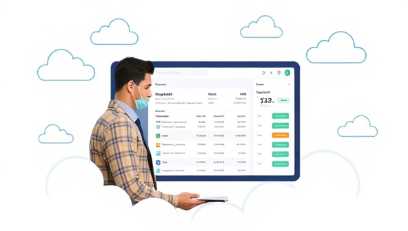An image of a small business owner managing payroll on the PayCloud platform, with a user-friendly interface displaying employee details, payment schedules, and tax calculations, surrounded by cloud icons symbolizing efficiency and accessibility in payroll management.