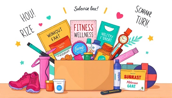 A colorful and inviting illustration of a subscription box bursting with fitness and wellness products, including workout gear, healthy snacks, self-care items, and motivational quotes, creating a sense of excitement and anticipation for subscribers opening the box.