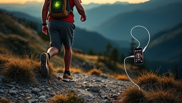 An adventurous hiker traversing a scenic trail, wearing energy harvesting footwear that glows with stored energy, powering a smartphone attached to the backpack, illustrating the product's functionality and convenience.