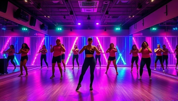 An energetic dance studio setting with colorful lights, mirrored walls, and a dance instructor leading a virtual class, with participants following the choreography from their homes, creating a lively and engaging online dance fitness experience.